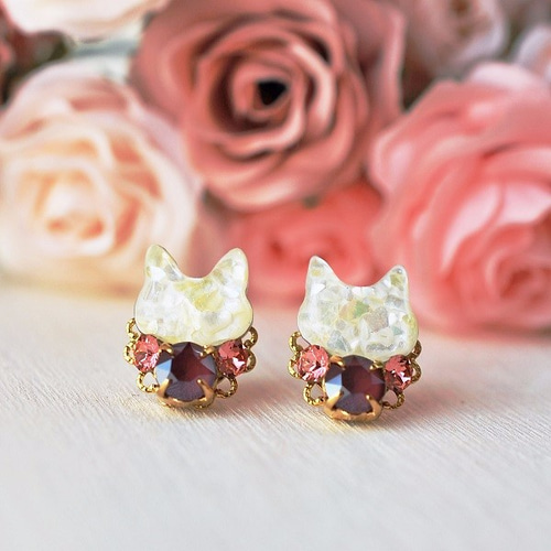 ピアス ねこ 薔薇 ️ 猫 ねこ ハート 薔薇 ピアス イヤリング ハンドメイド
