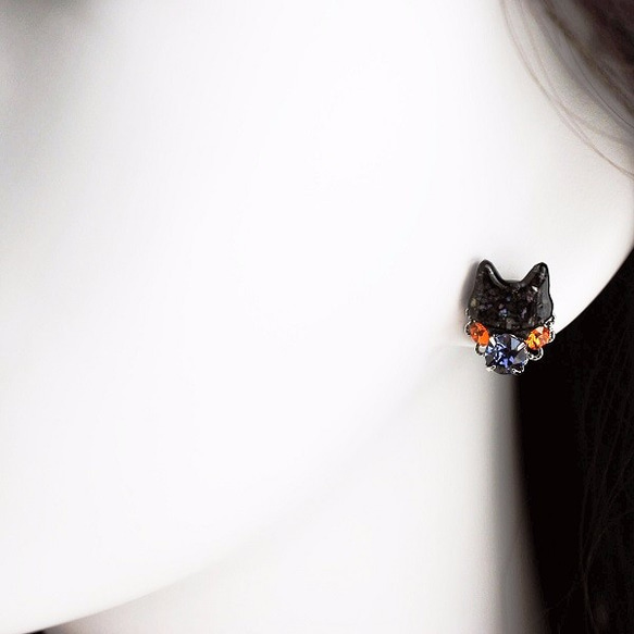 【ハロウィン限定】◇ハロウィン◇黒猫とビジューが輝くピアス/イヤリング 5枚目の画像