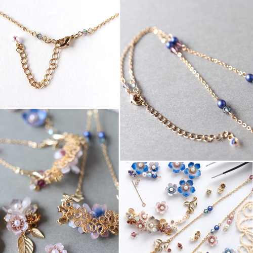 クラシックブルーの花とbijou＊葉っぱの華やかネックレス （青、ブルー