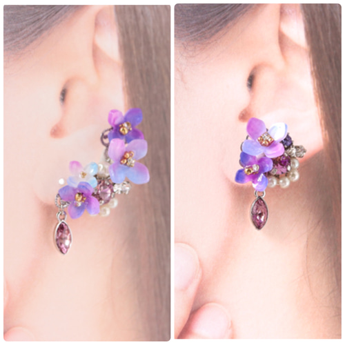 紫陽花ときらめくbijouのピアス／イヤリング（右耳）+イヤーカフ（左耳 
