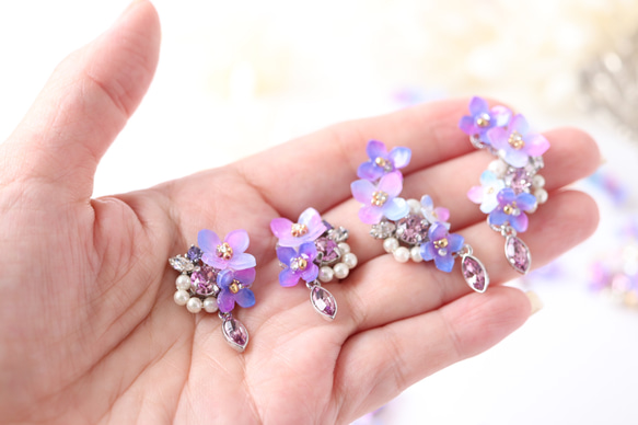 繡球花和閃閃發光的寶石耳環/耳環花、禮物 第6張的照片