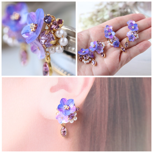 【希望者のみラッピング無料】 桔梗ときらめくbijouのピアス／イヤリング 花、紫、ギフト ピアス