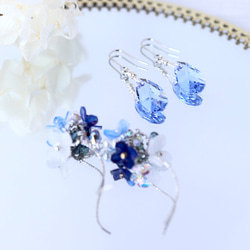 《禮物套裝》浪田葵*耳環/耳環項鍊套裝（Kiwa水晶、藍色、藍色、花朵） 第6張的照片