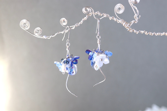 《禮物套裝》浪田葵*耳環/耳環項鍊套裝（Kiwa水晶、藍色、藍色、花朵） 第7張的照片