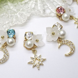 白色繡球花，寶石 * 月亮和星星耳環和耳環 第5張的照片