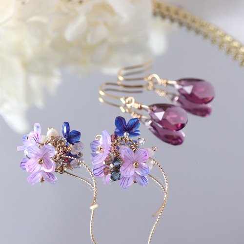 2way、紫陽花ときらめくbijouの涙*ピアス／イヤリング （パープル 