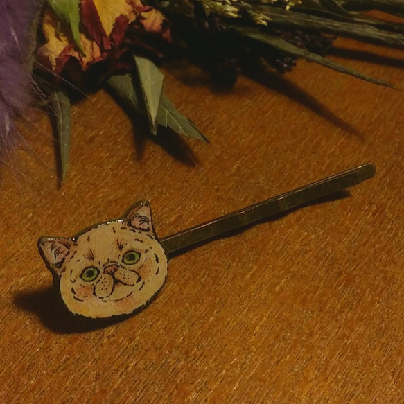 ネコちゃんヘアピン　猫が、じっと見つめている　翡翠の瞳 1枚目の画像