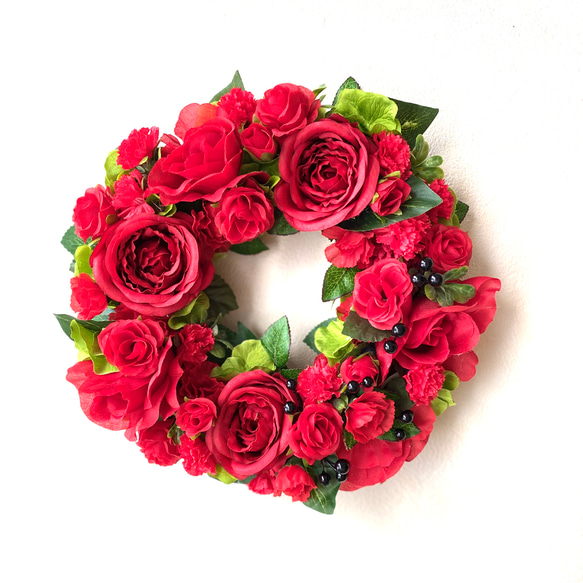 再販　赤バラと赤カーネーションのリース　クリスマス　結婚祝い　誕生日　還暦祝い　開店祝い　母の日　 5枚目の画像