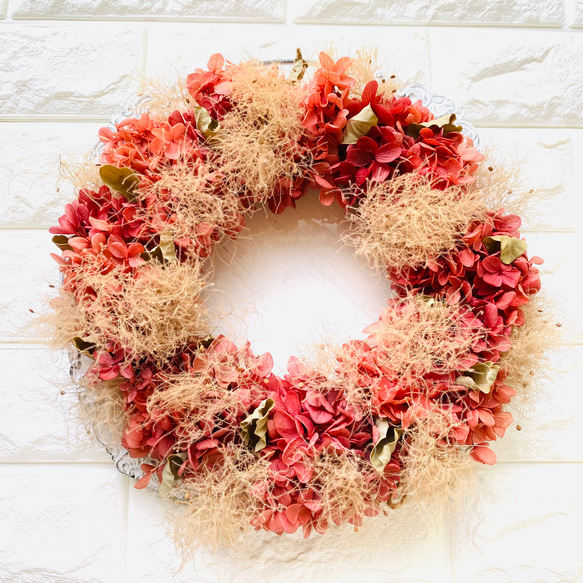 紫陽花とスモークツリーのリース 28cm プリザーブドフラワー 誕生日