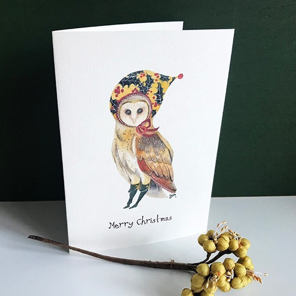 【二つ折りクリスマスカード・２枚セット・封筒付き】フクロウ 3枚目の画像