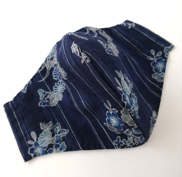 【手縫い】夏涼感マスク(立体) フィルターポケット付き　Mサイズ(和柄・紺) 2枚目の画像