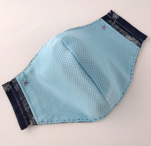 【手縫い】夏涼感マスク(立体) フィルターポケット付き　Mサイズ(和柄・紺) 3枚目の画像