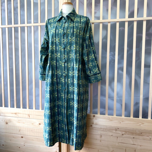 翡翠色紬 ワンピースコート 前開きワンピース ロングコート 着物