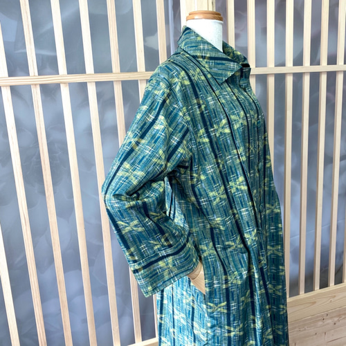 翡翠色紬 ワンピースコート 前開きワンピース ロングコート 着物