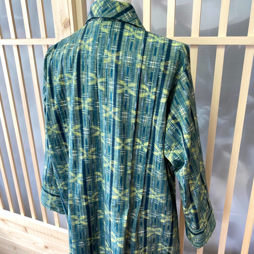 翡翠色紬 ワンピースコート 前開きワンピース ロングコート 着物