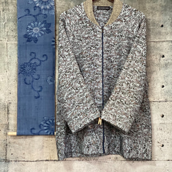 小紋　ブルーグレー　オープンファスナーブルゾン　リブ付きジャケット　着物リメイク アップサイクル 4枚目の画像