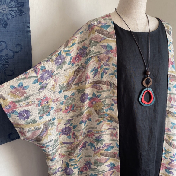 花柄小紋の羽織風ロングカーディガン 着物リメイク アップサイクル  