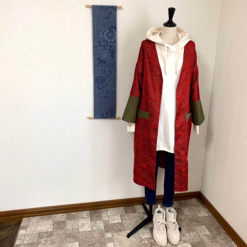 これからの季節に ノーカラーコート＋スヌード 紬 単衣 着物リメイク