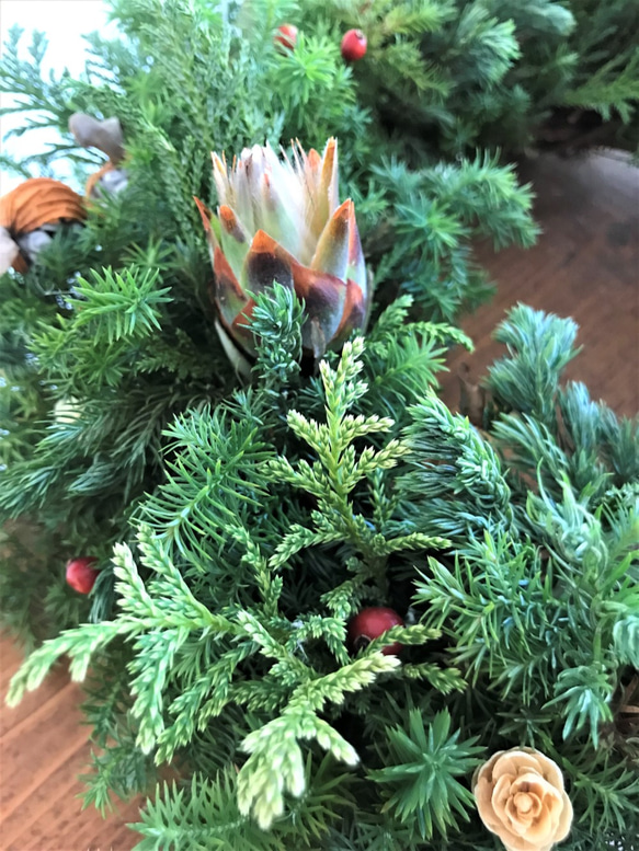 ☆納期短縮！！自然素材100％フレッシュ＆ドライフラワー　フレッシュグリーンと木の実のクリスマスリース2021 8枚目の画像