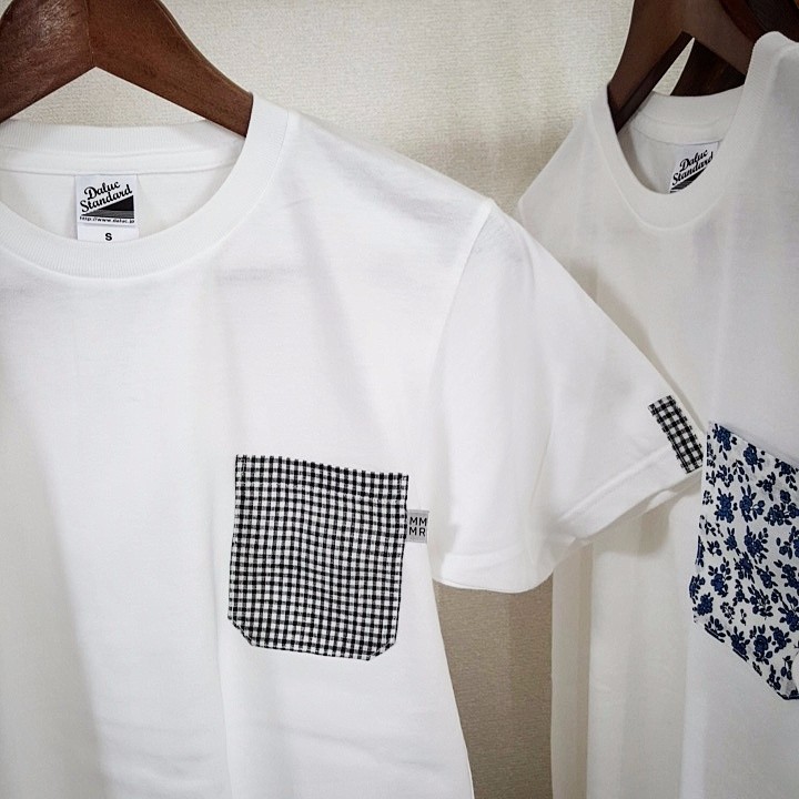白黒ギンガムチェック・ママミラポケット白Tシャツ（メンズＳサイズ