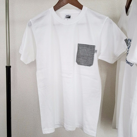 白黒ギンガムチェック・ママミラポケット白Tシャツ（メンズＳサイズ）10000139 3枚目の画像