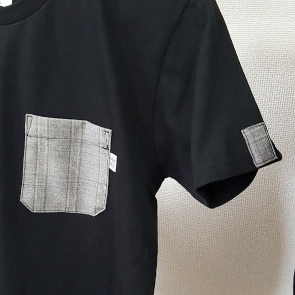 SALE【レディースＬ】ライトグレーチェック・ママミラ・ポケット付き黒Tシャツ（WL）10000194 1枚目の画像