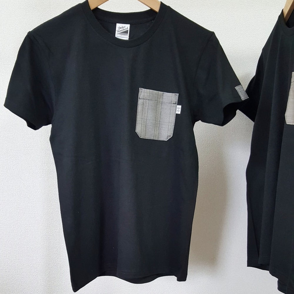 SALE【レディースＬ】ライトグレーチェック・ママミラ・ポケット付き黒Tシャツ（WL）10000194 3枚目の画像