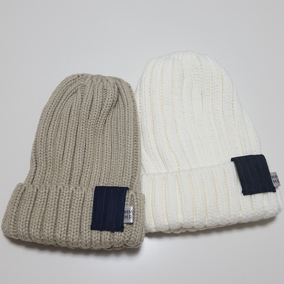 【誠実】 ニットキャップ2個セット(ベージュ&白のペア×ストライプ柄 帽子