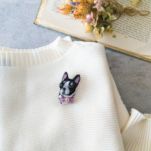 刺繍　ビーズ　ブローチ　ボストンテリア　ハンドメイド ビーズ刺繍ブローチ ボストンテリア フレブル ブローチ Pocket