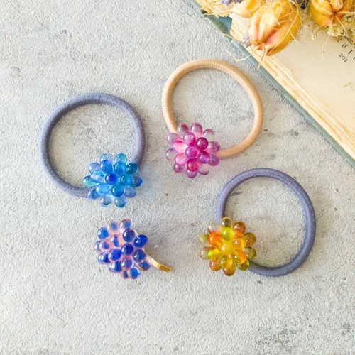 ハンドメイド お花 シュシュ ヘアゴム フラワー ビーズ ピンク