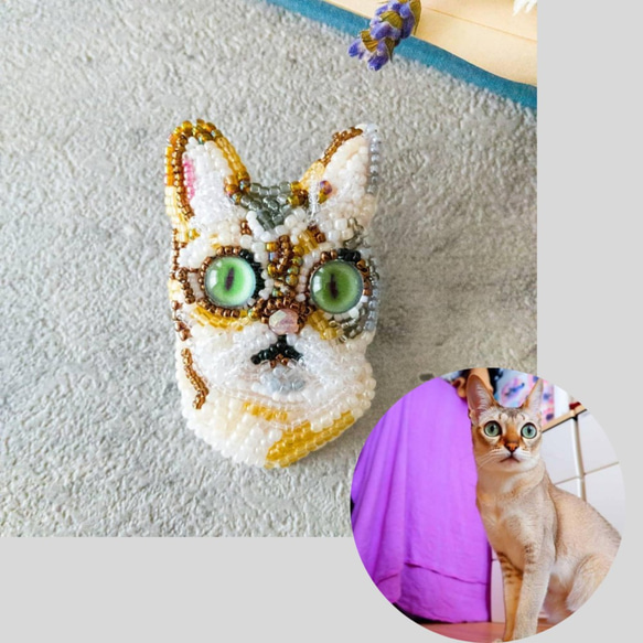 受注生産】ビーズ刺繍のうちの子ブローチ（猫）｜オリジナルブローチ 