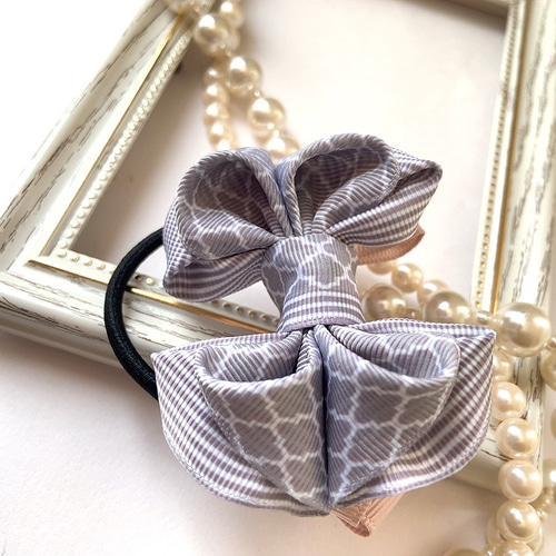 グレー モロッカン柄 × ストライプ デザインリボン ヘアゴム ぷっくり  