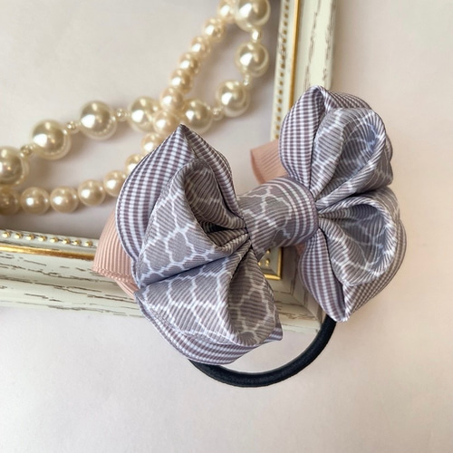 グレー モロッカン柄 × ストライプ デザインリボン ヘアゴム ぷっくり  