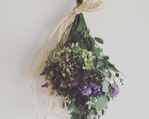 5.秋色紫陽花スワッグ 秋色紫陽花＆木の実 ドライフラワースワッグ 橤 ナチュラル