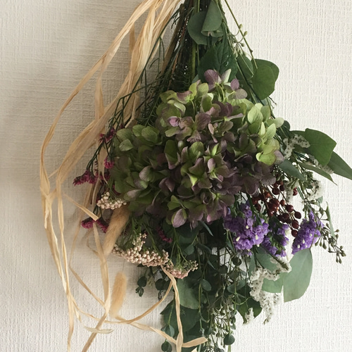 秋色あじさいのスワッグ/誕生日・お祝い・ギフト ドライフラワー WAKA