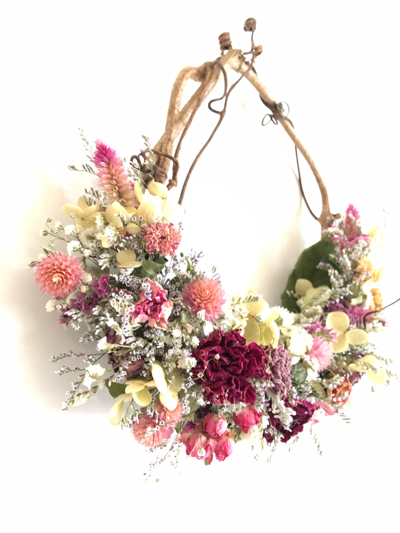 ドライフラワー森の花籠リース（ピンク） 4枚目の画像