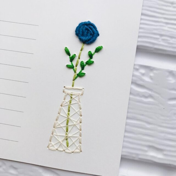 一本のバラ（ブルー・青）の花 刺繍 メッセージカード 手紙 はがき 誕生日 記念日 ありがとう サンキュー 3枚目の画像