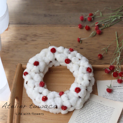 コットンフラワーと千日紅のリース☆クリスマス ドライフラワー スカイ  