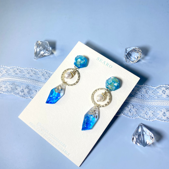 幻藍寶石珍珠 手作樹脂耳環 S925純銀耳針/耳夾 第5張的照片