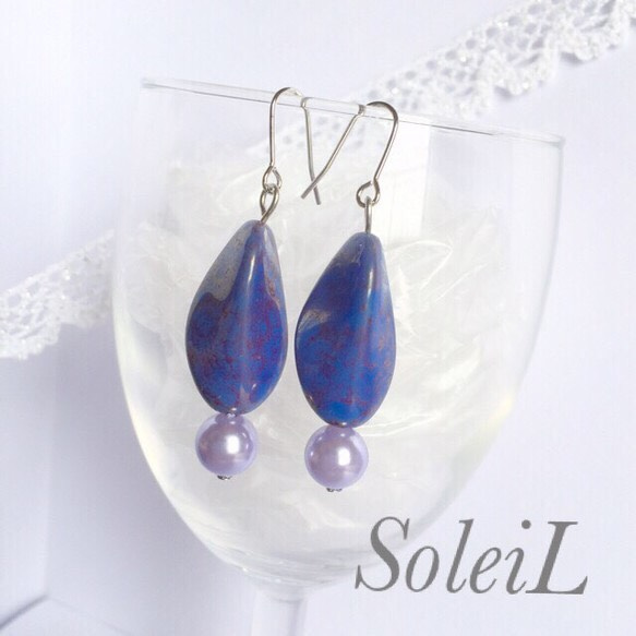 SoleiL☆ブルーチェコ×パープルパールピアス 1枚目の画像