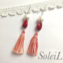 SoleiL☆コットンパール×ピンクタッセルピアス 2枚目の画像