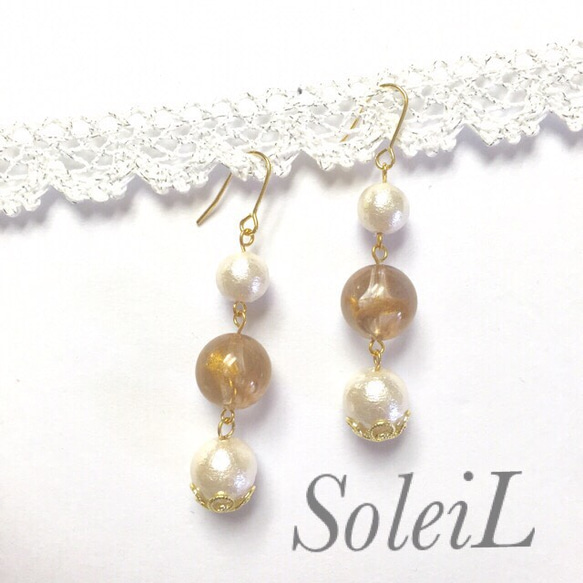 SoleiL☆ブロンズ×コットンパールピアス 2枚目の画像