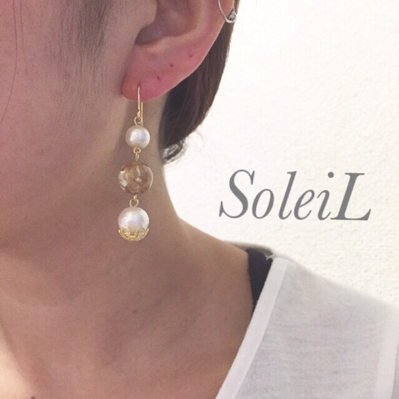 SoleiL☆ブロンズ×コットンパールピアス 3枚目の画像