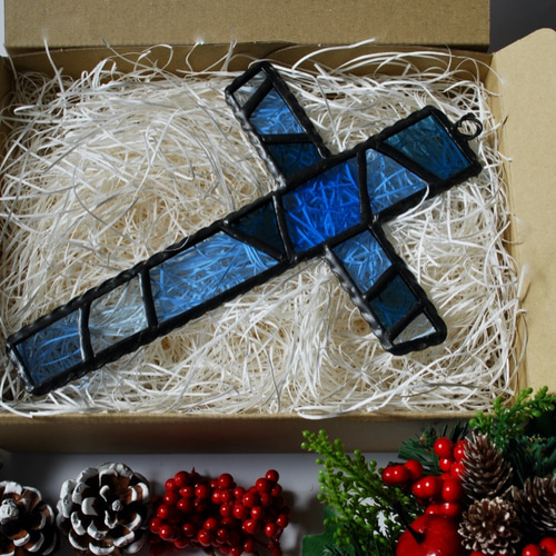 青いステンドグラスの十字架 Blue cross タペストリー・壁掛け