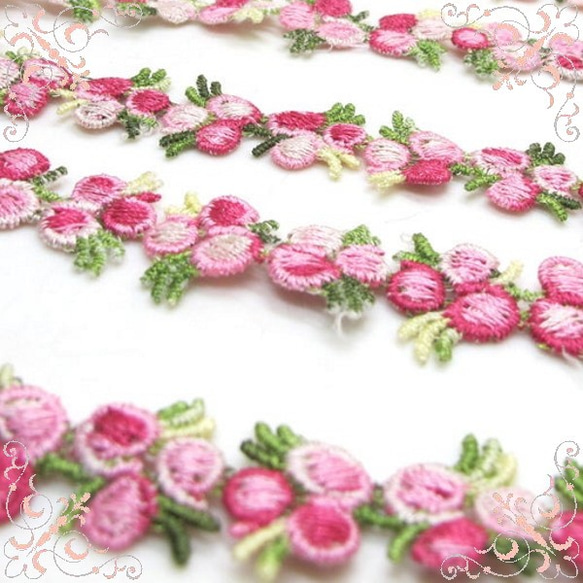 巻きバラのトリム　ピンク系 1m  　刺繍　ローズ　レース 1枚目の画像