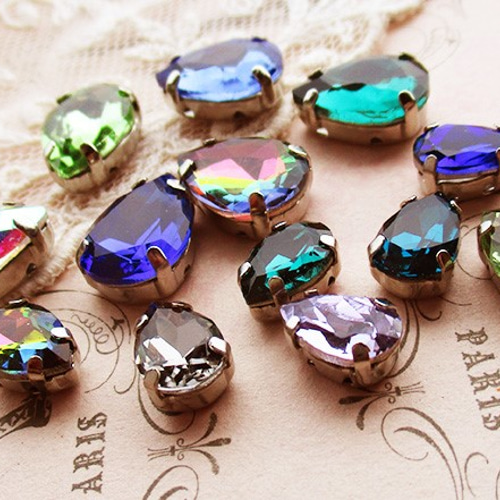 しずく型台座付きストーン14㎜10㎜寒色系10個 デコパーツ HONEYBEETAIL