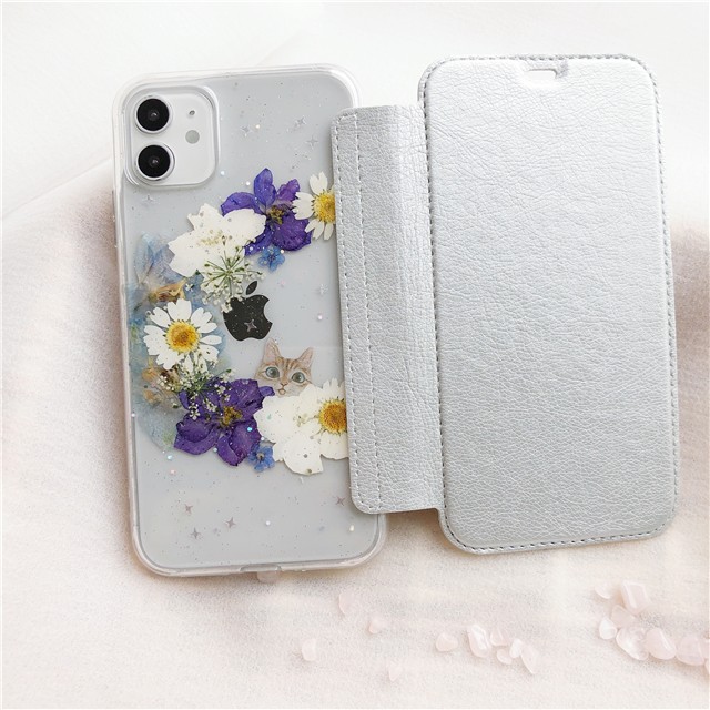 ネコ 手帳型 5色から選択 押し花スマホケース iPhoneケース 【パープル 