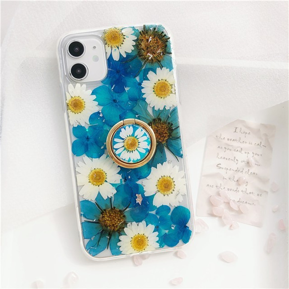 ホワイト/ブルー系 スマホリング付き 押し花スマホケース iPhone15・Xperia・Galaxy・AQUOSケース 1枚目の画像