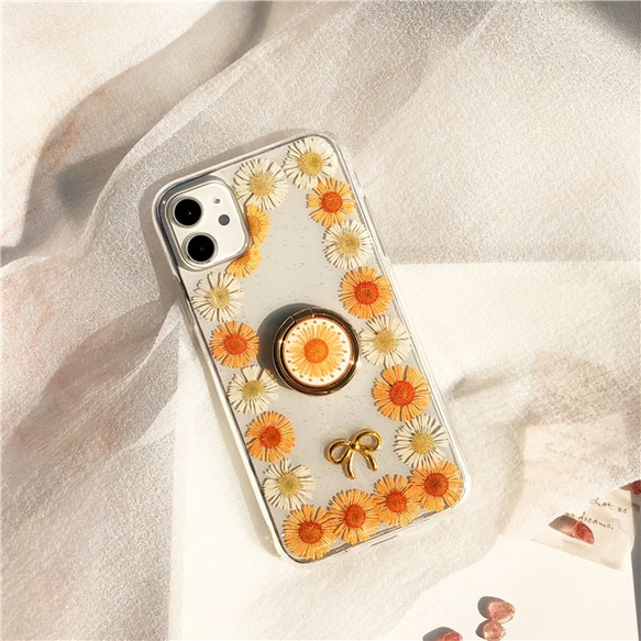 ホワイト/オレンジ系 スマホリング付き 押し花スマホケース iPhone・Xperia・Galaxy・AQUOSケース 1枚目の画像