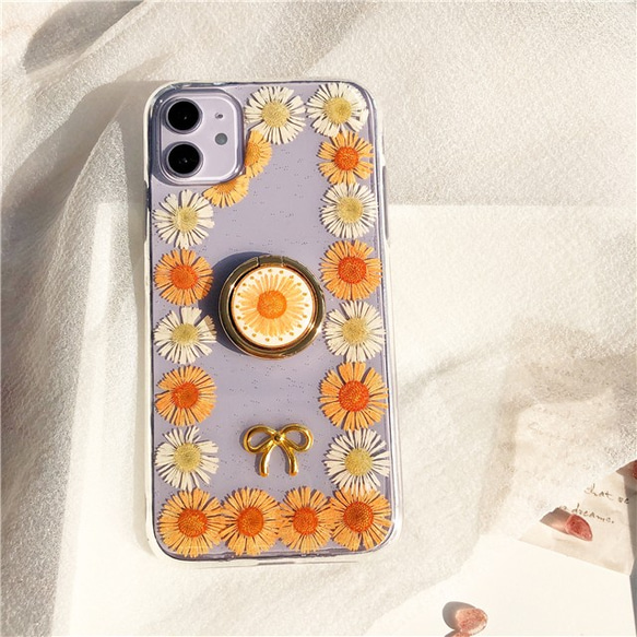 ホワイト/オレンジ系 スマホリング付き 押し花スマホケース iPhone・Xperia・Galaxy・AQUOSケース 2枚目の画像